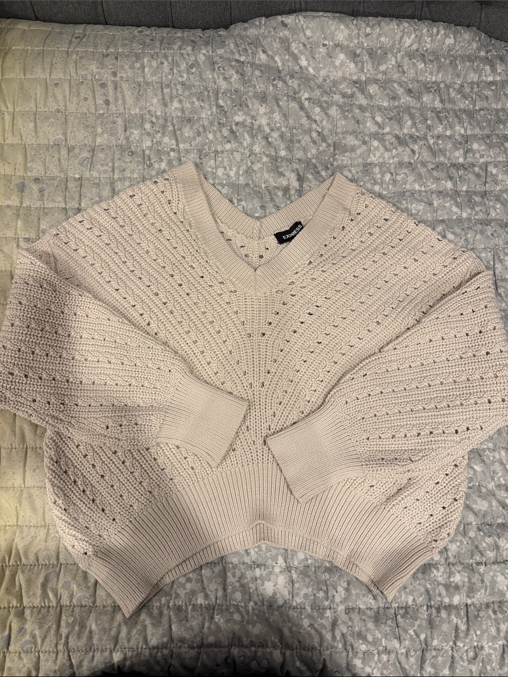 Express Cream Open-Stitch V-Neck Sweater